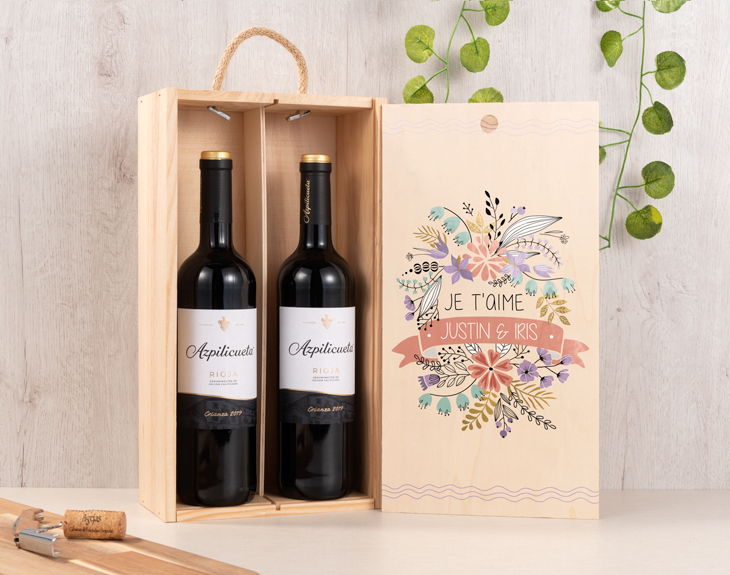 Caisse à vin personnalisée "Je t'aime fleuri" - Made in Gift